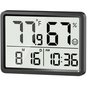 VOCOO Digital Temperature Humidity Meters Gauge Indoor Thermometer Hygrometer, Large Digital Date Clock for Home Baby Room Garage Wine Cellar Black